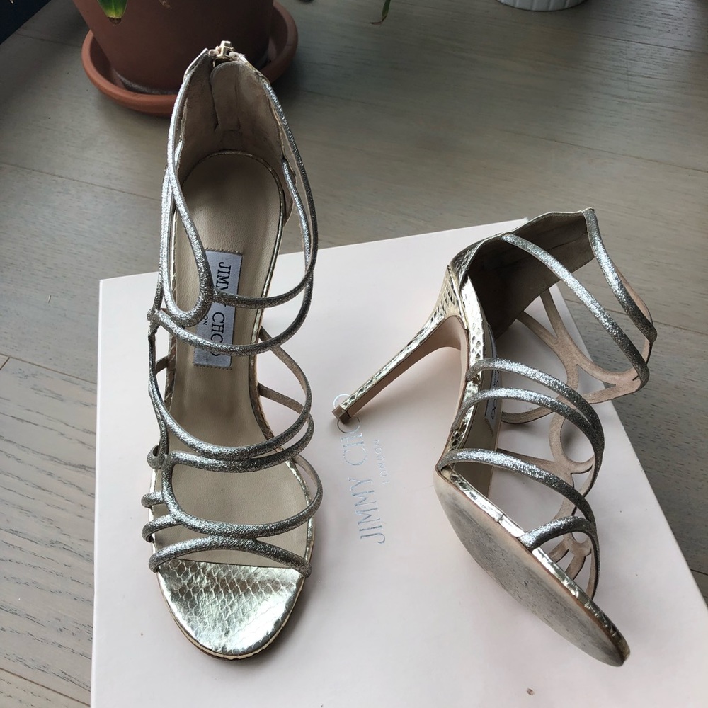 Jimmy Choo Champagne Glitter Fabric Sandals - Picture 3 of 5